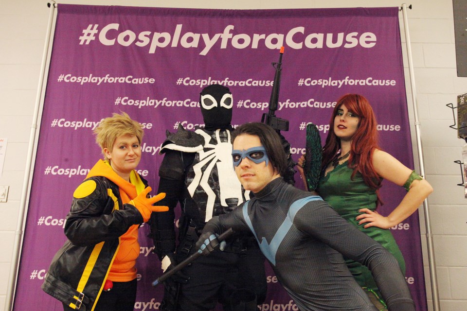 Cosplayers Amanda Murray (Spark from Pokemon Go), Christian Perera (Agent Venom), Rogue Benjamin (Poison Ivy) and Scott Irvine (Night Wing) took part in #CosplayforaCause with donations going to Easter Seals at the Newmarket Card & Comics Show "XL Edition" yesterday at the Newmarket Community Centre. Greg King for NewmarketToday