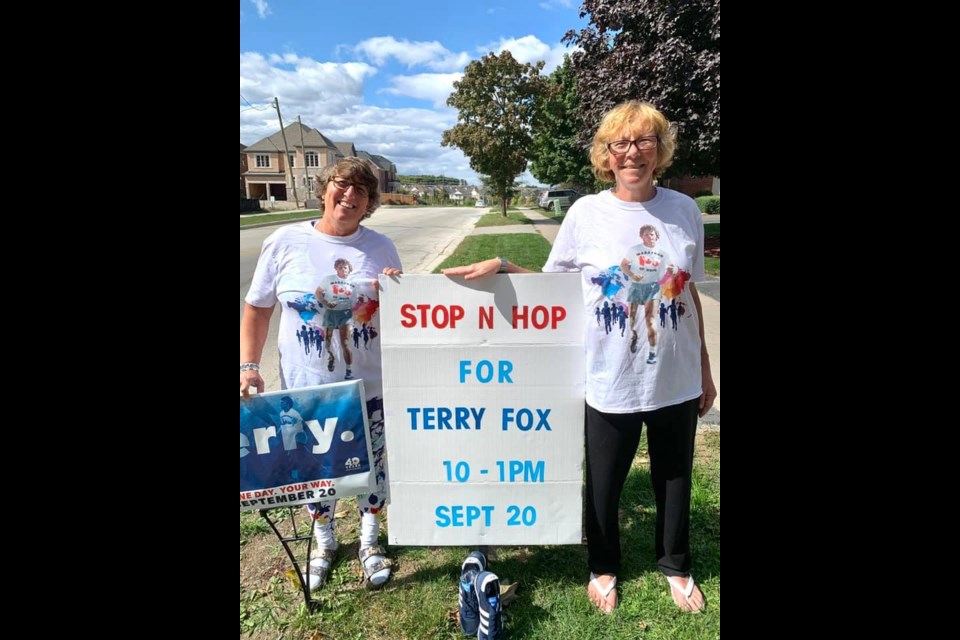 Anne Fraser Bursey and Sharon Wolff organized the Stop 'n' Hop hopscotch fundraiser Sunday, Sept. 20, 2020, during Newmarket's virtual Terry Fox Run. Supplied photo