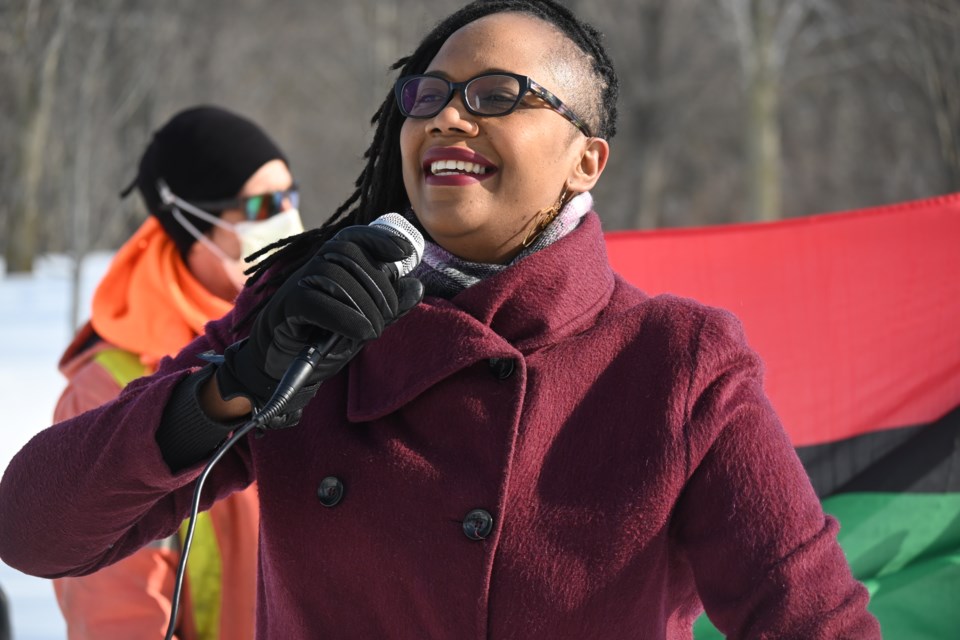 Newmarket African Caribbean Canadian Association (NACCA) chair Jerisha Grant-Hall speaks at a flag-raising to start Black History Month in Newmarket Feb. 1. 