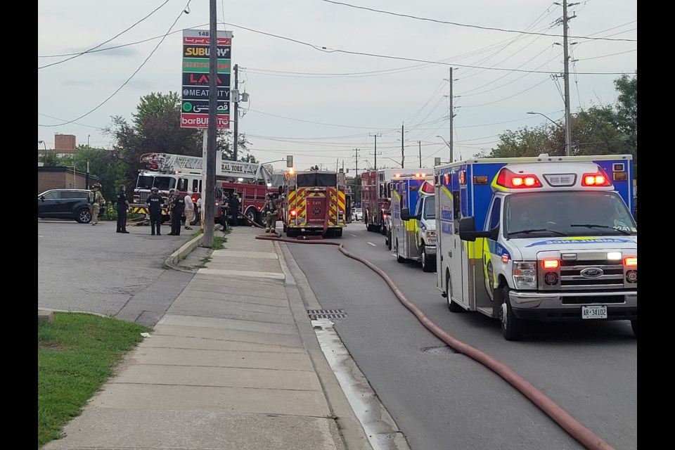 Emergency vehicles blocked the southbound lanes of Yonge Street in Aurora while responding to a grease fire. 