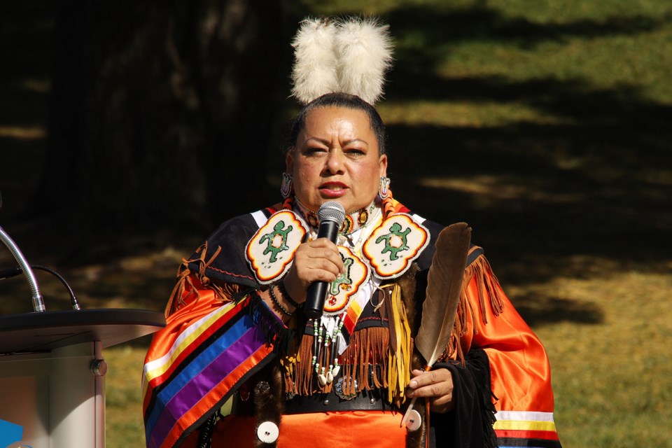 Kim Wheatley, an Anishinaabe Ojibway Grandmother from Shawanaga First Nation Reserve , spoke on the mistreatment that First Nations people have suffered over the past 150 years at the Newmarket ceremony on Day for Truth and Reconciliation Sept. 30 at Fairy Lake.  Greg King for NewmarketToday