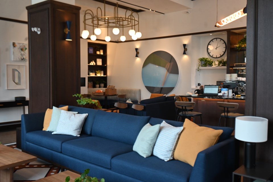 The lobby space at the Postmark Hotel. Though rooms are not yet ready, the hotel is opening up the lobby restaurant space July 8. 