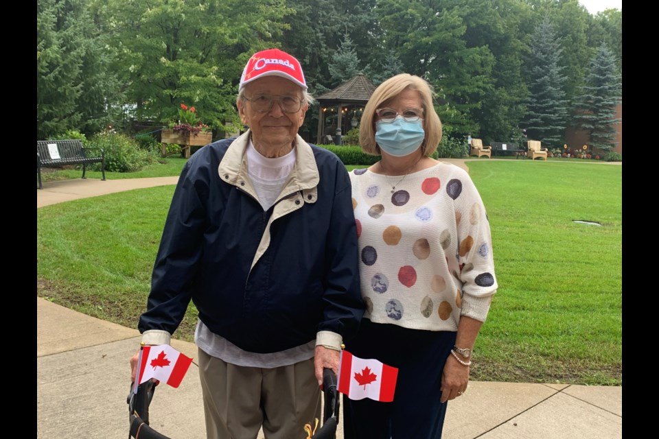 George Markow and his daughter, Sylvia Perkins, as he prepares to meet his goal of walking 100K. Debora Kelly for NewmarketToday