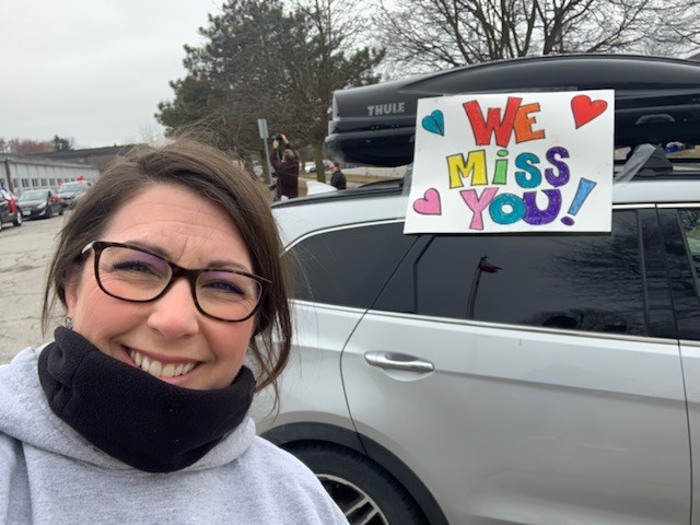 Newmarket teacher Robyn Zimmerman and her school colleagues in about 30 vehicles created a parade for children stuck at home during the school closure in Ontario. Supplied photo