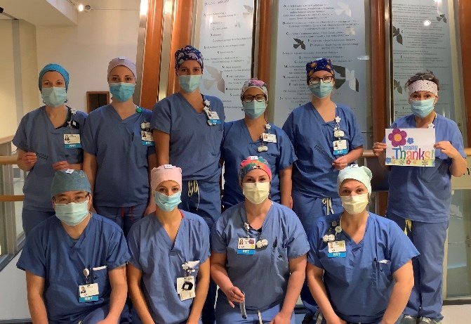 Southlake Regional Health Centre's respiratory therapists are shown here wearing scrub hats and holding ear protectors donated by community members. They include Suzanne Deanne, Jocelyn Arnew, Melissa Anderson, Rebecca Fong, Teagan Iverson, Ida Coffey, Charles Liu, Mandy Corin, Hayley Watson, and Lindsay Murphy. Supplied photo

