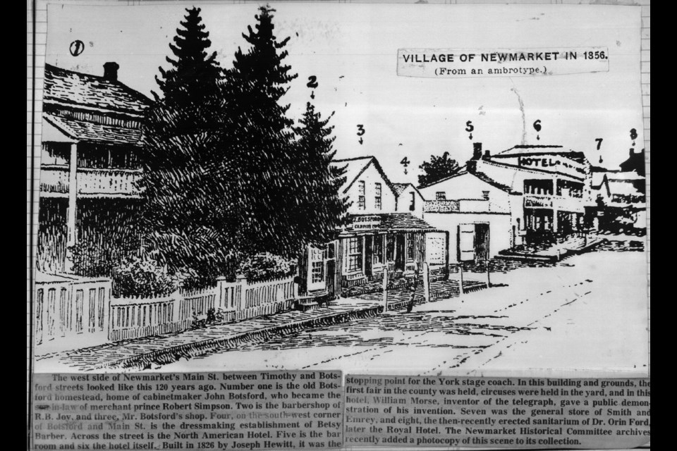 The west side of Newmarket Main Street between Timothy and Botsford, including the home of cabinetmaker John Botsford (no. 1), who became the son-in-law of merchant prince Robert Simpson, in 1856.