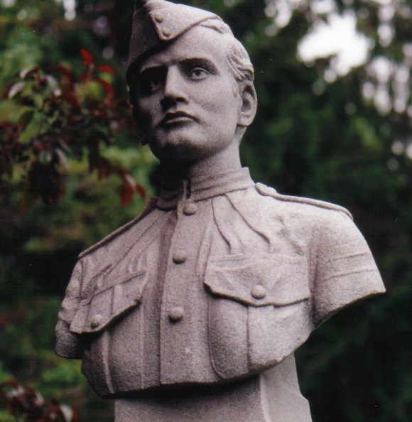 The bust of Pte. Walsley Haines stands on a granite monument, made locally.