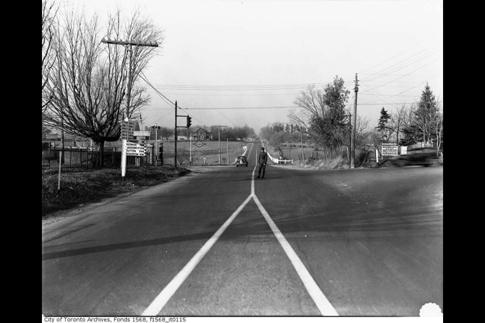 Newmarket's farmlands along Yonge Street, looking north, in the 1940s.