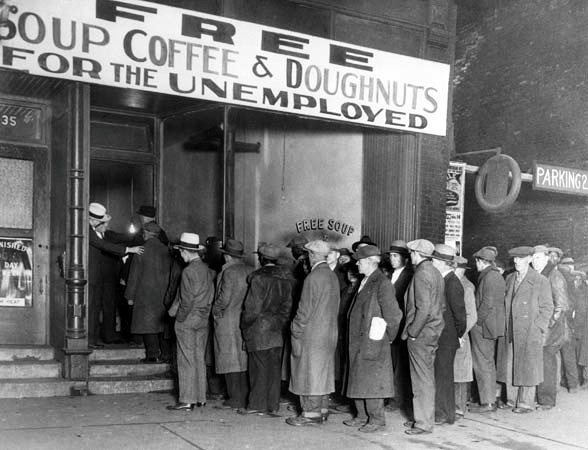 Lining up for food during the Dirty 30s, when unemployment was a national problem.