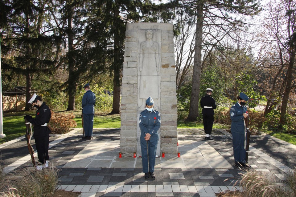 The Cadet honour guard stands vigil at the Newmarket Cenotaph for the invitation-only Remembrance Day ceremony Sunday, Nov. 7.  Greg King for NewmarketToday