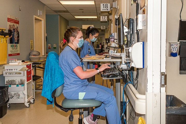 Nurse stations had to be relocated to the hallway of Southlake Regional Health Centre to make room for patients the emergency department.