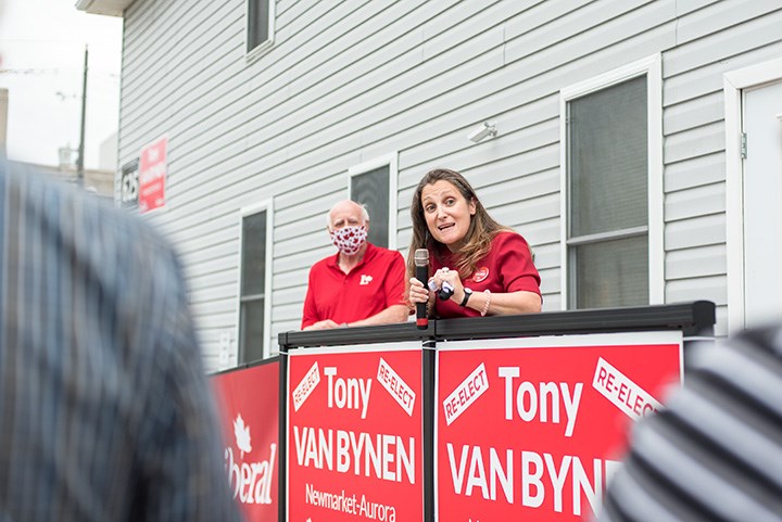 Liberal MP incumbent Tony Van Bynen joined Freeland to speak with supporters in Newmarket. 
