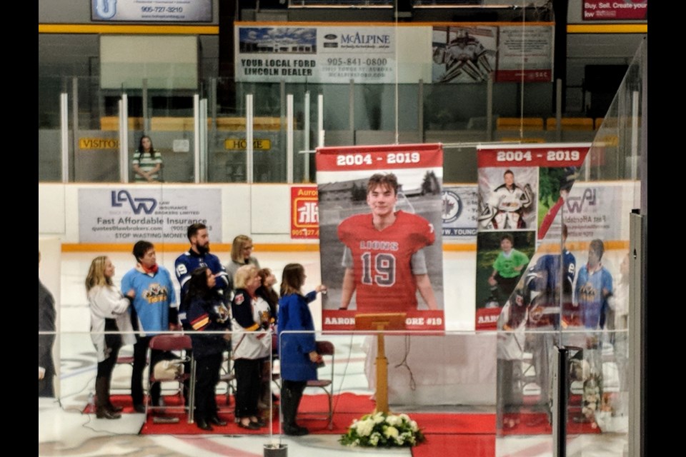 The family of Aurora's Aaron Bank-Sedore, 15, retired his York Region Lions No. 19 jersey at a celebration of life for the teen Oct. 16 at the Aurora Community Centre. Kim Champion/NewmarketToday