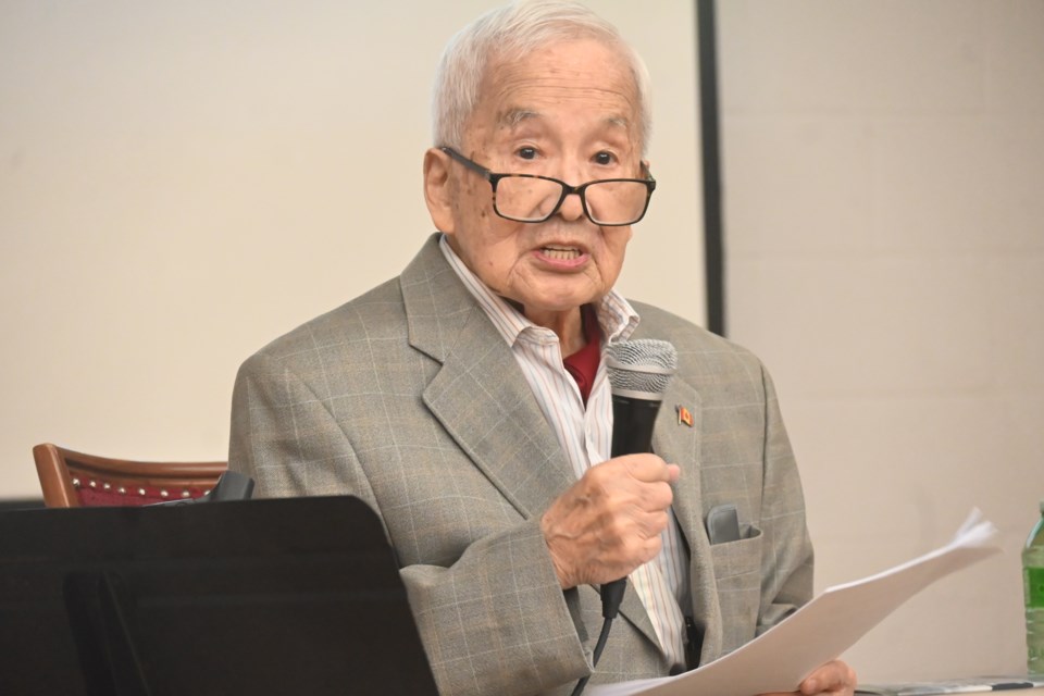 Veteran Frank Moritsugu spoke to a large audience at the Newmarket Community Centre April 19. 