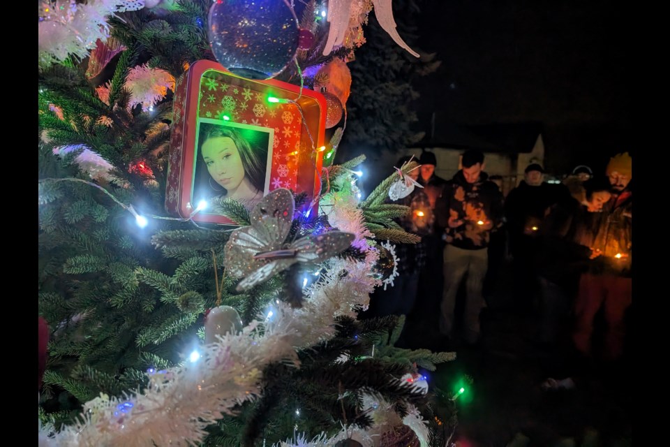 A photo of Krista Borley put in a Christmas tree during a vigil on Bolton Avenue in Newmarket Dec. 15. Borley died due to a fentanyl overdose in June. 