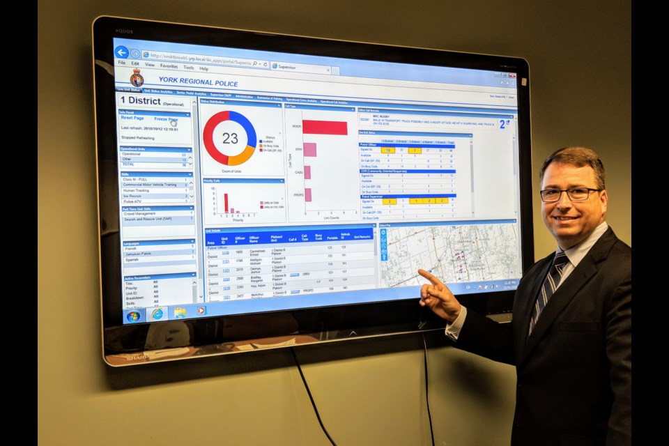 York Regional Police #1 District Supt. Mike Slack explains the business intelligence dashboard. Kim Champion/NewmarketToday