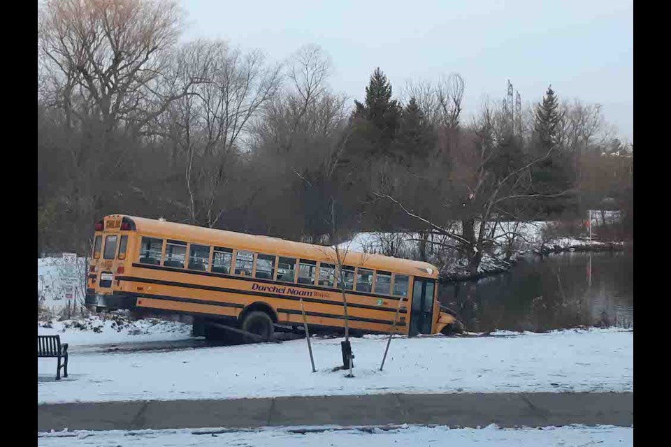 Stolen school buses were found in ponds in Vaughan on Dec. 30, 2020. Photo supplied