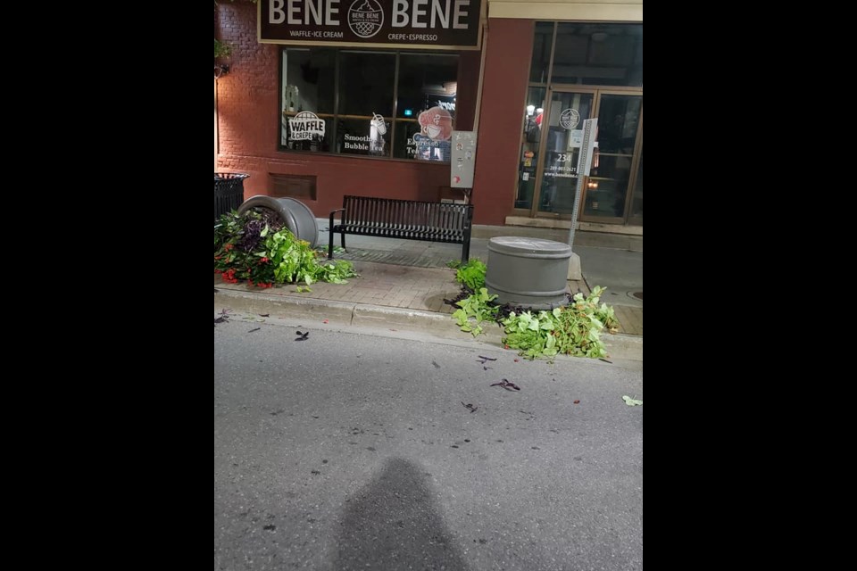 Vandals damaged planters on Main Street in Newmarket July 29. 