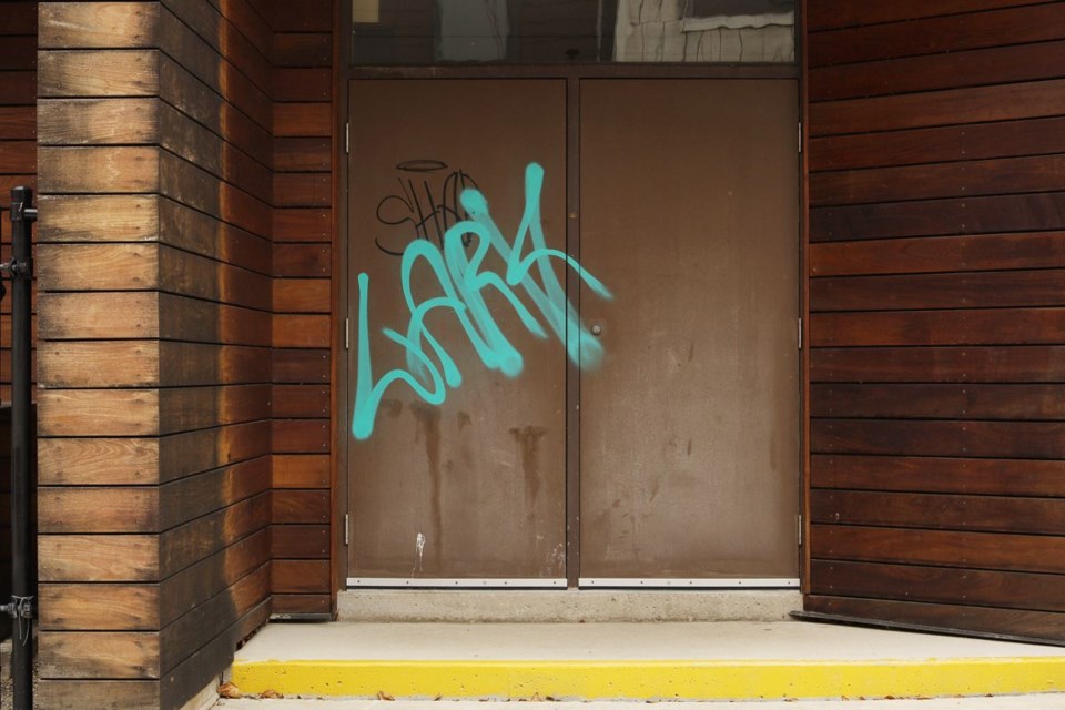 Teal spray paint was left on the doors of the Newmarket Community Centre and Lions Hall. 
