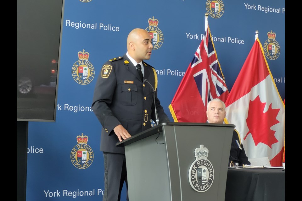 York Regional Police Insp. Ahmad Salhia shares details of the investigation and Project Monarch at a news conference in Aurora Aug. 10. 