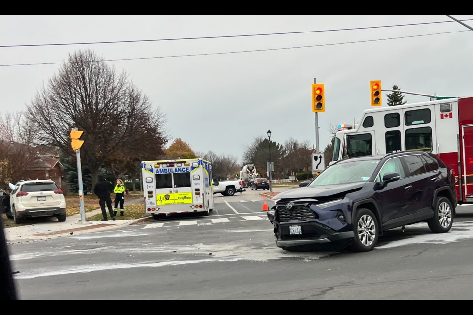 A westbound lane on Mulock Drive is temporarily closed following a two-vehicle collision at the intersection of Mulock and College Manor Drive Monday morning.