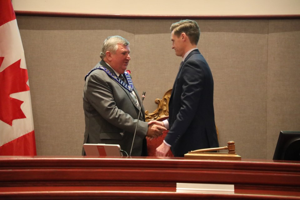 Regional Clerk Christopher Raynor congratulates Wayne Emmerson as he’s re-elected Chairman and CEO for The Regional Municipality of York. Regional Municipality of York photo