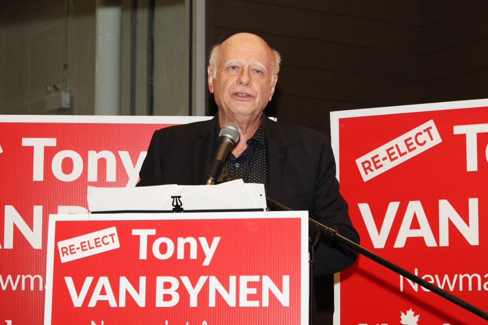 Newmarket-Aurora Liberal Tony Van Bynen addresses supporters at Market Brewing Company Sept. 21 after winning the local race. Greg King for NewmarketToday. 