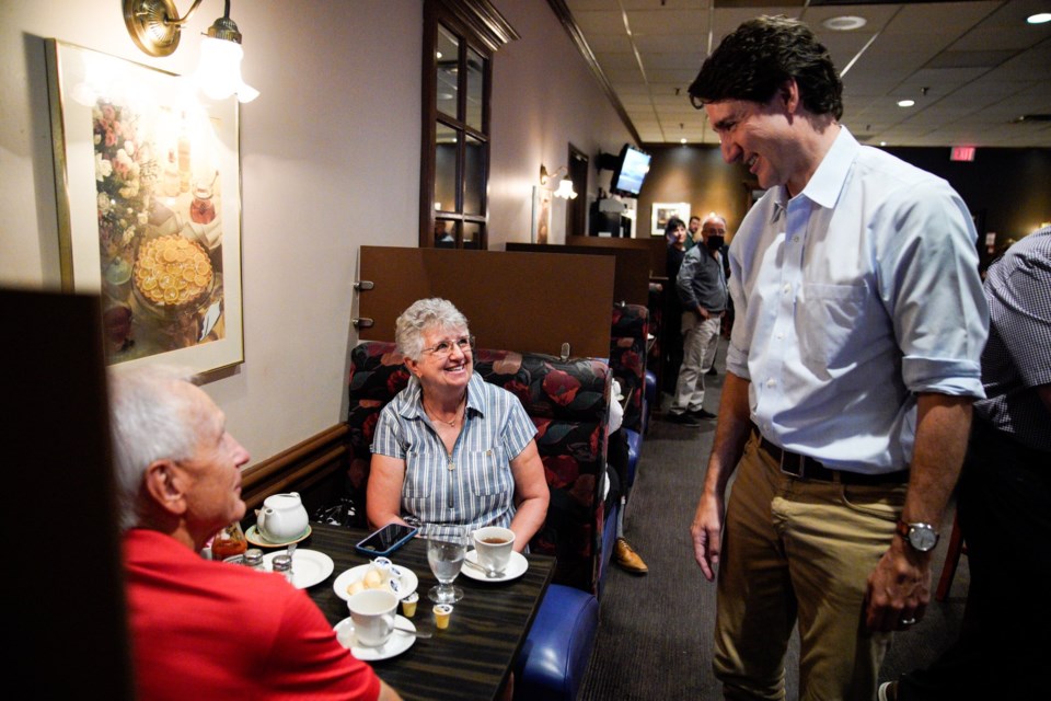 Prime Minister Justin Trudeau speaks with guests at The Buttery Restauraunt in Newmarket today, July 6. 