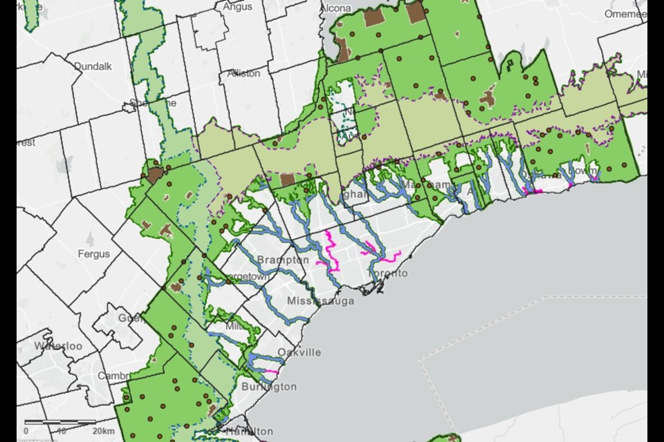 A map of the Greenbelt, including current urban river valley areas in blue and proposed ones being added in pink. The red and brown spots represent towns, hamlets and villages. 