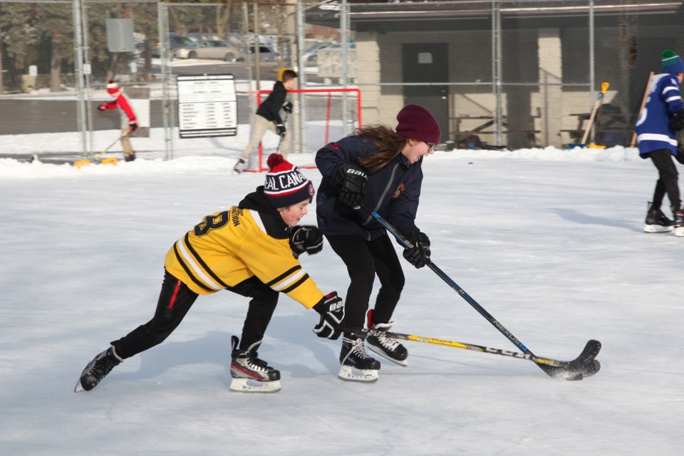 Luke and Avery McElroy battle over the puck  at the Lions Park Community Ice Rink.  Greg King for NewmarketToday
