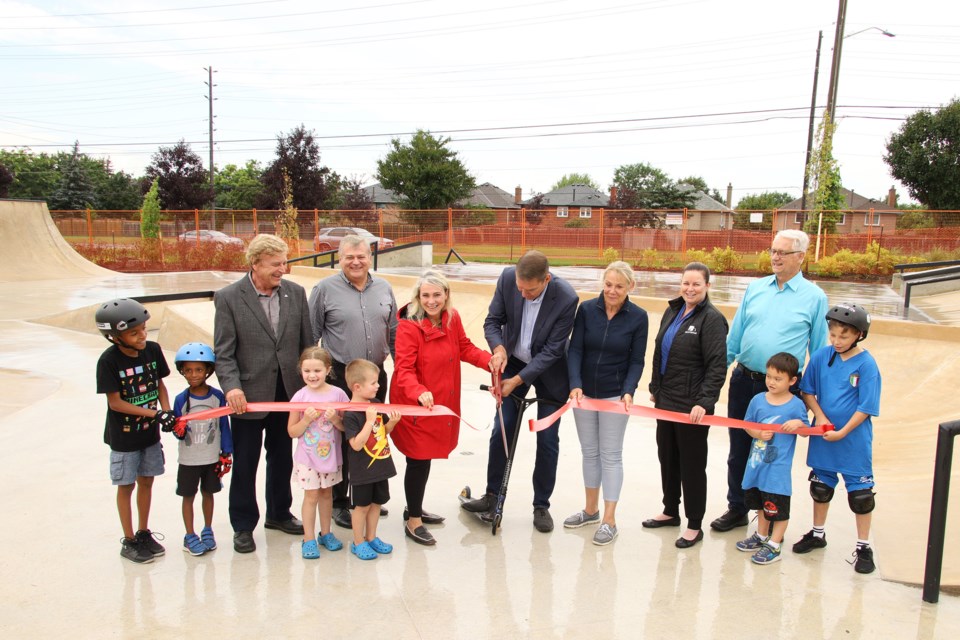 Newmarket council and young skaters cut the ribbon for the new outdoor skate park at the Magna Centre Aug. 30  Greg King for NewmarketToday