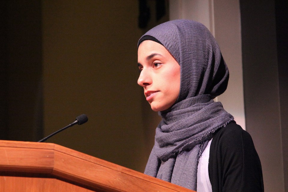 Newmarket Islamic Centre's Noor El-Dassouki welcomed the community to the vigil Sunday for the 50 people killed Friday at worship in their mosques in ChristChurch, New Zealand.  Greg King for NewmarketToday