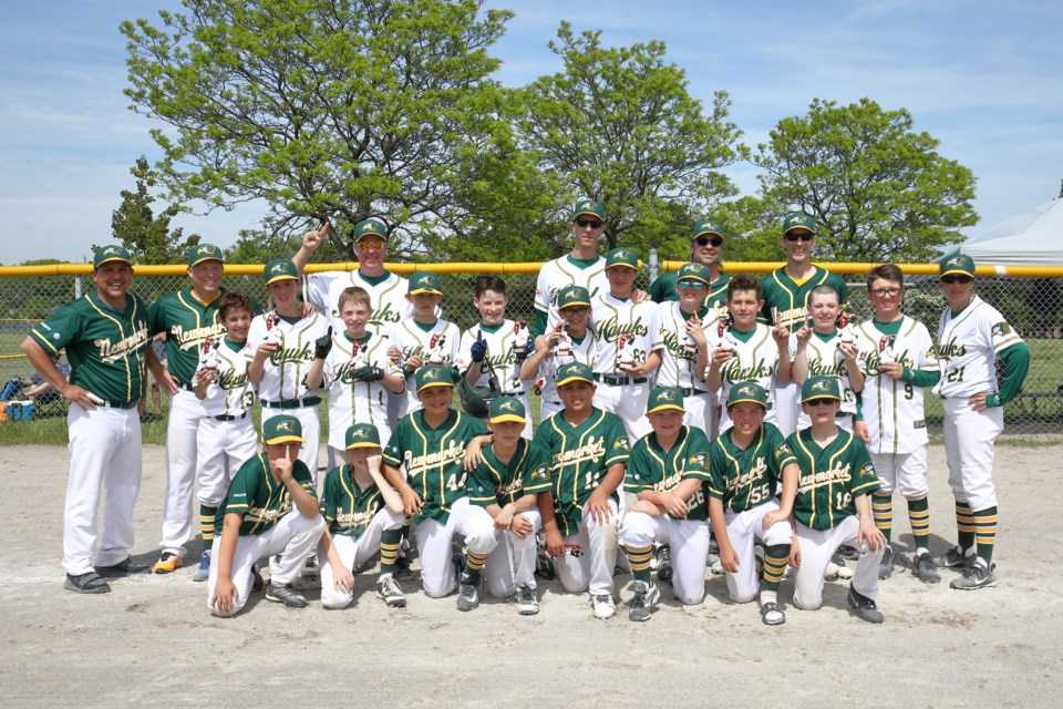 The 11U (green shirts) and 13U (white) Newmarket Hawks celebrate their gold medals at the West Mountain Baseball Association Select tournament in Hamilton yesterday. Supplied photo/Rich Kraemer for Newmarket Hawks