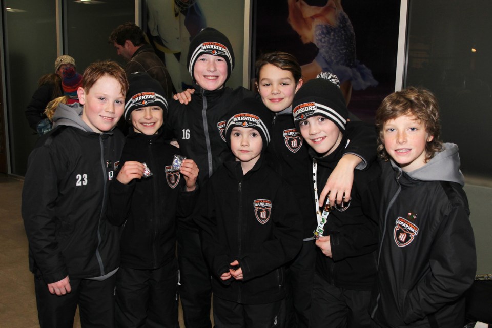 Nash McGill, Jax Pereira, Owen Proctor, Van Pereira, Kale Kinniburgh, Ryan Proctor and Cameron Meek of the North Durham Warriors at the Magna Centre for the Silver Stick tourney Jan. 12.  Greg King for NewmarketToday