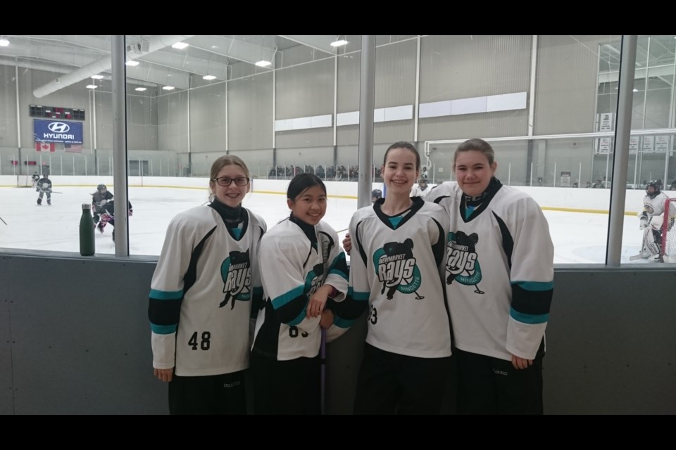 Newmarket Rays players (from left) Hailey Byers, Vanessa Cheung, Megan Brown, and Brynn Fenwick are shown here at the Ignite the Ice Ringette tourney in 2018. Supplied photo
