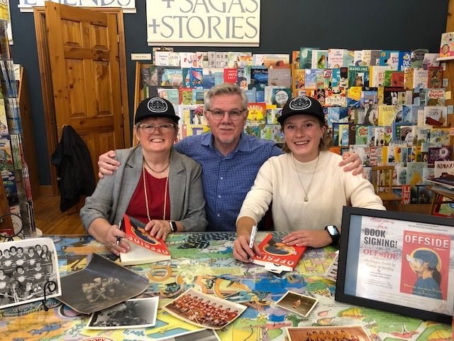 Rhonda Leeman Taylor and co-author, Denbeigh Whitmarsh, pose with local hockey author Paul Harbridge at a book signing Oct. 6, 2019. Supplied photo