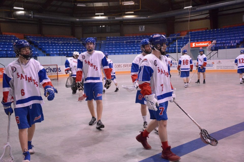 The Newmarket Saints Jr B Lacrosse team pulled out of a two-period slump to score six goals in about 10 minutes against the Mimico Mountaineers Tuesday. Supplied photo/Newmarket Saints Jr B Lacrosse
