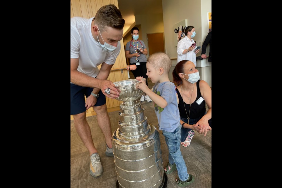 Pediatric patients and their families get a chance to visit with Aurora native and NHL champion Barclay Goodrow and the Stanley Cup.
