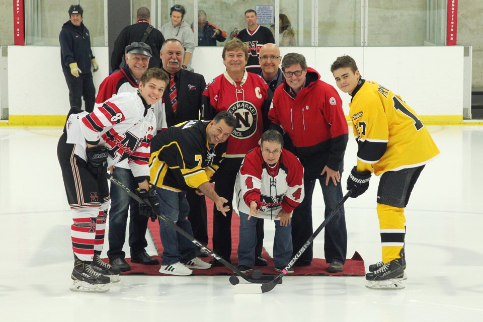 The ceremonial puck drop at the Magna Centre last night before the Midget AA game officially kicked off the Battle of Yonge Street. Dignitaries attending were 
Newmarket-Aurora MP Kyle Peterson,
Newmarket Mayor Tony Van Bynen
Newmarket, Deputy Mayor Elect Tom Vegh, OMHA Regional Director 4G Steven Parker,
York Simcoe Express VP of Hockey Pat Colucci, AMHA President Joe Bentolila and NMHA President Lynda Carusi. Photography by Greg King