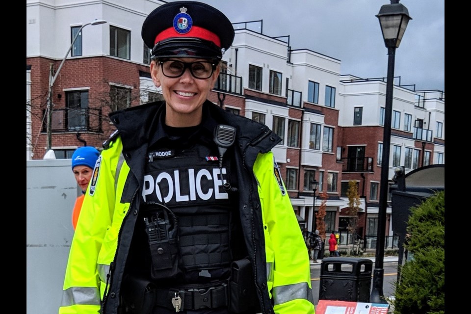 York Regional Police Sgt. Karen Hodge took part in the fall pedestrian safety campaign launch at the intersection of Yonge and Wellington yesterday. Kim Champion/NewmarketToday