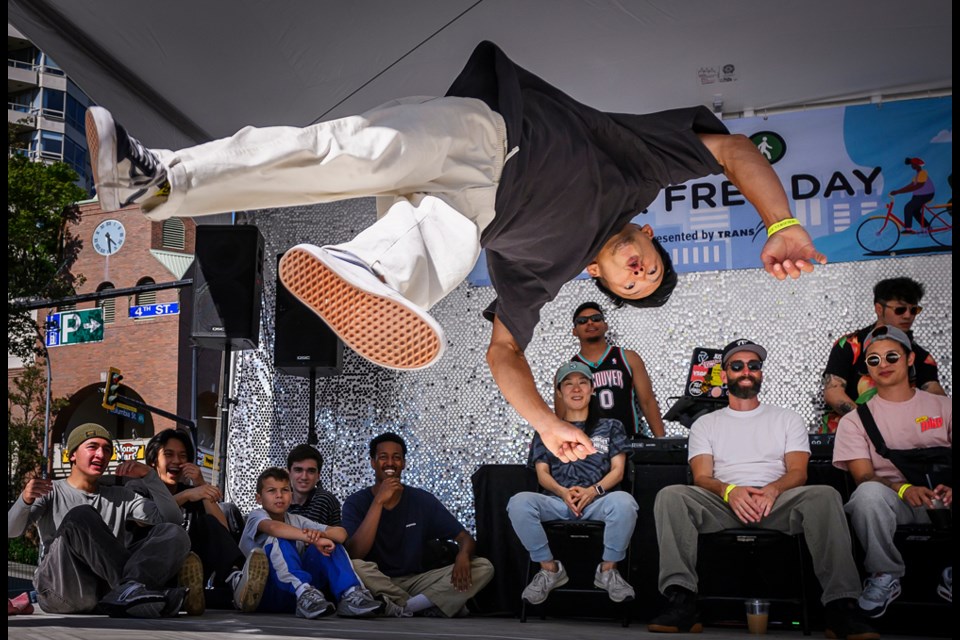 KTR of Japan, who recently moved to Vancouver, competes in the Break Dance Battle during the second annual Car Free Day festival on July 29, 2023. (Jennifer Gauthier/for the Record)


