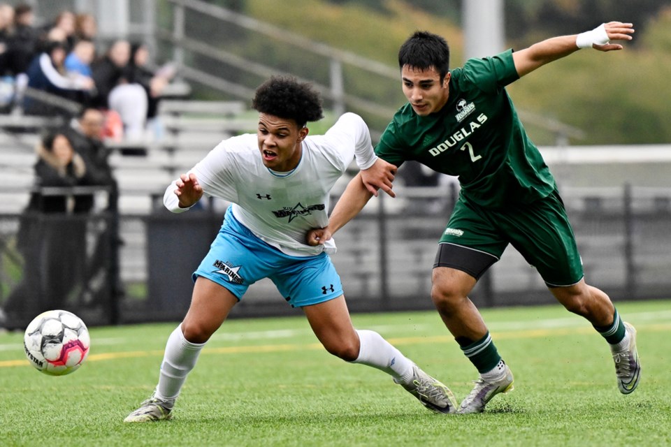Sam Azimzadeh of the Douglas College Royals against the VIU Mariners at Cunnings Field, in Town Centre Park in Coquitlam on Oct. 22, 2023. 