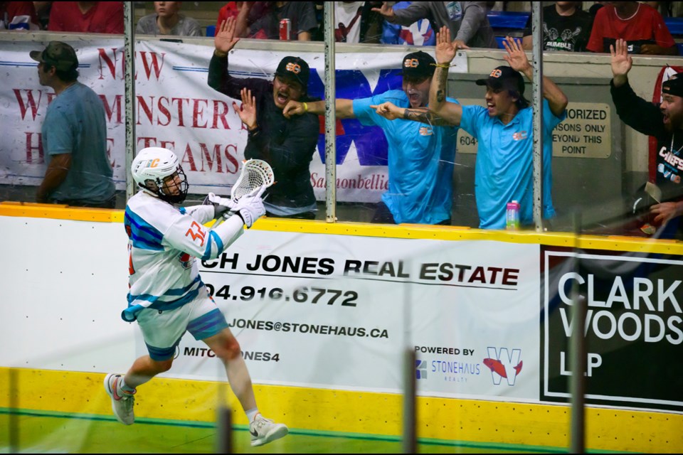 Shayne Jackson of the Six Nations Chiefs celebrates a goal.