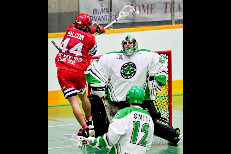 Anthony Malcom shoots as the New Westminster Salmonbellies defeat Victoria 11-9  in their first semifinal match at Queen’s Park on Wednesday night.
Photo Jennifer Gauthier