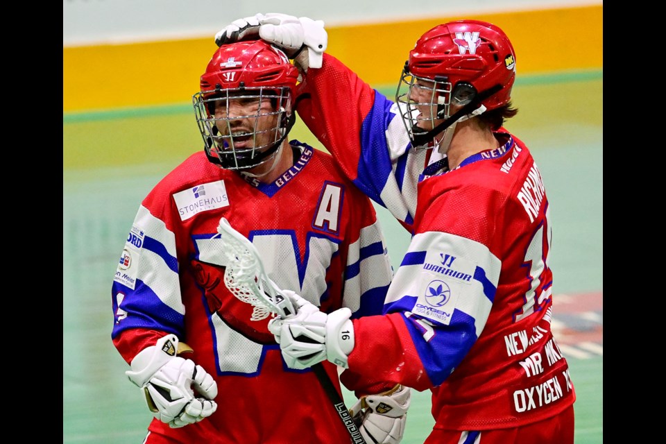 Isaac Richmond celebrates with Brandon Goodwin as the 'Bellies defeat the Shamrocks. Photo Jennifer Gauthier