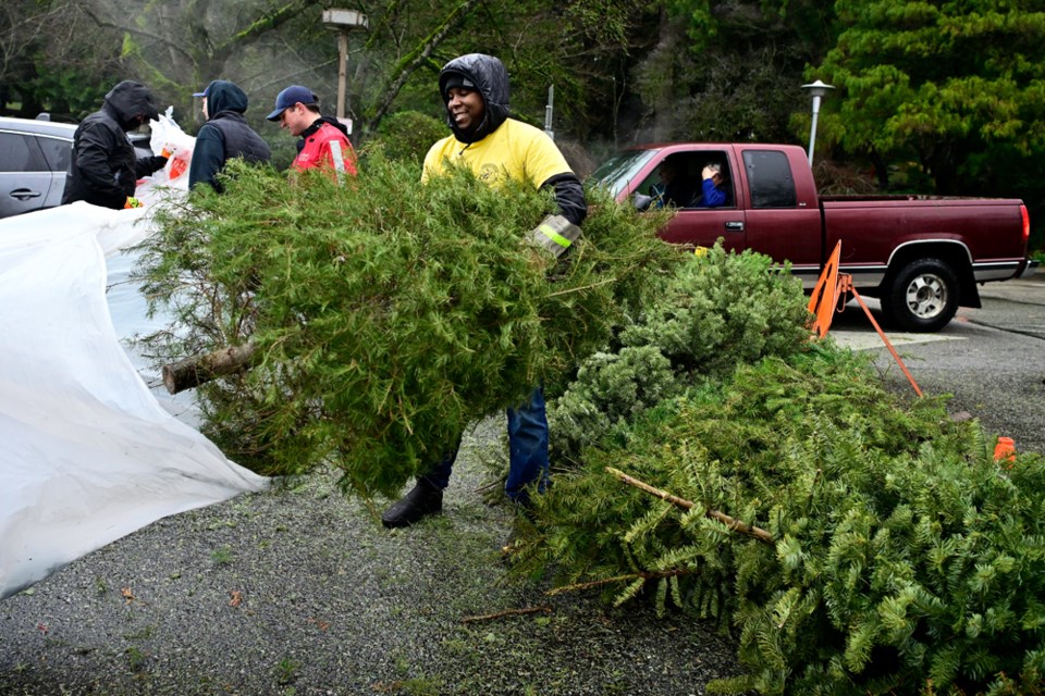 Off-duty firefighters hauled trees to the chipper.