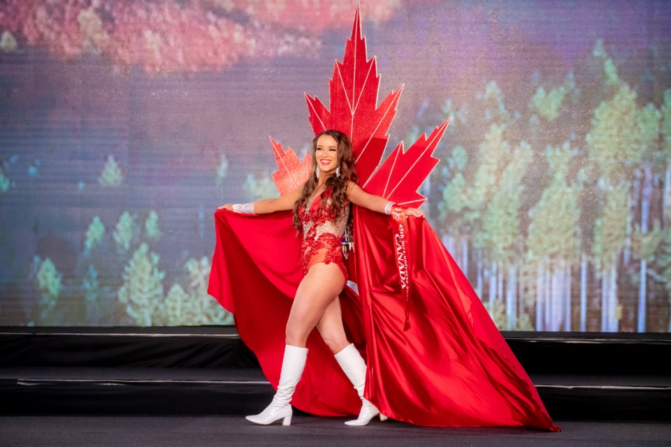 Patricia Celan's national costume to represent Canada at the Mrs. Universe pageant was intended to be like a Canadian Wonder Woman; it was paired with maple leaf "wings." 