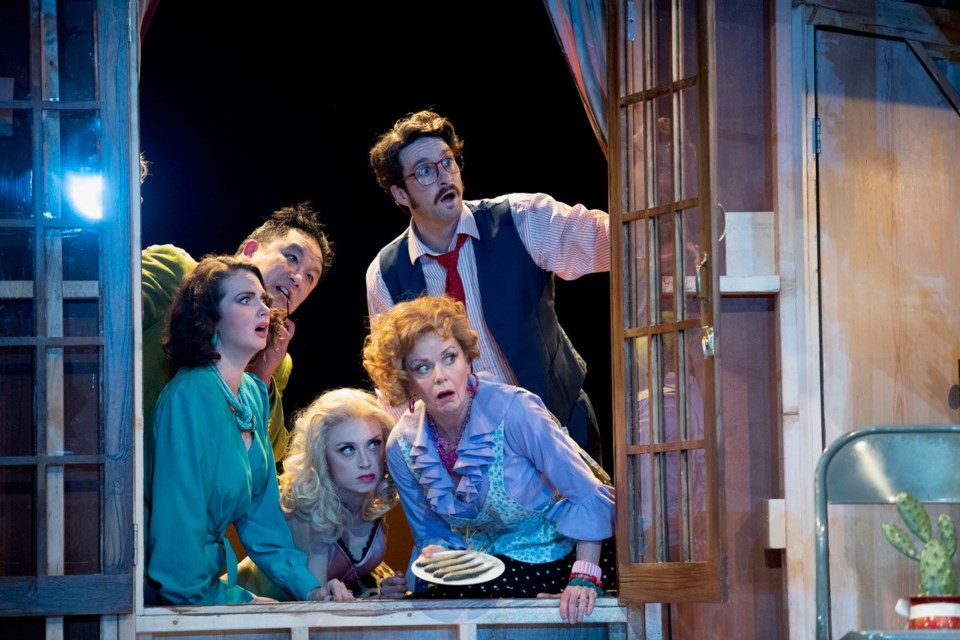 Noises Off cast in the 2020 production of Noises Off: set design by Ted Roberts; costume design by Christine Reimer; lighting design by Alan Brodie; photo by David Cooper.