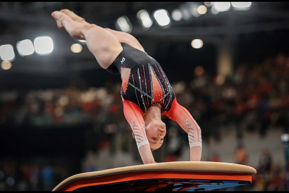New Westminster-born gymnast Sydney Turner competing in the vault competition for Canada during the team event at the 2023 Pan American Games in Santiago, Chile.