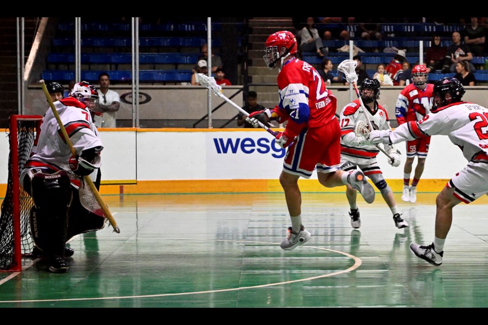 A good start: Kevin Crowley had an eight-point night in the New Westminster Sr. Salmonbellies 2023 season opener at Queen's Park Arena. photo Jennifer Gauthier